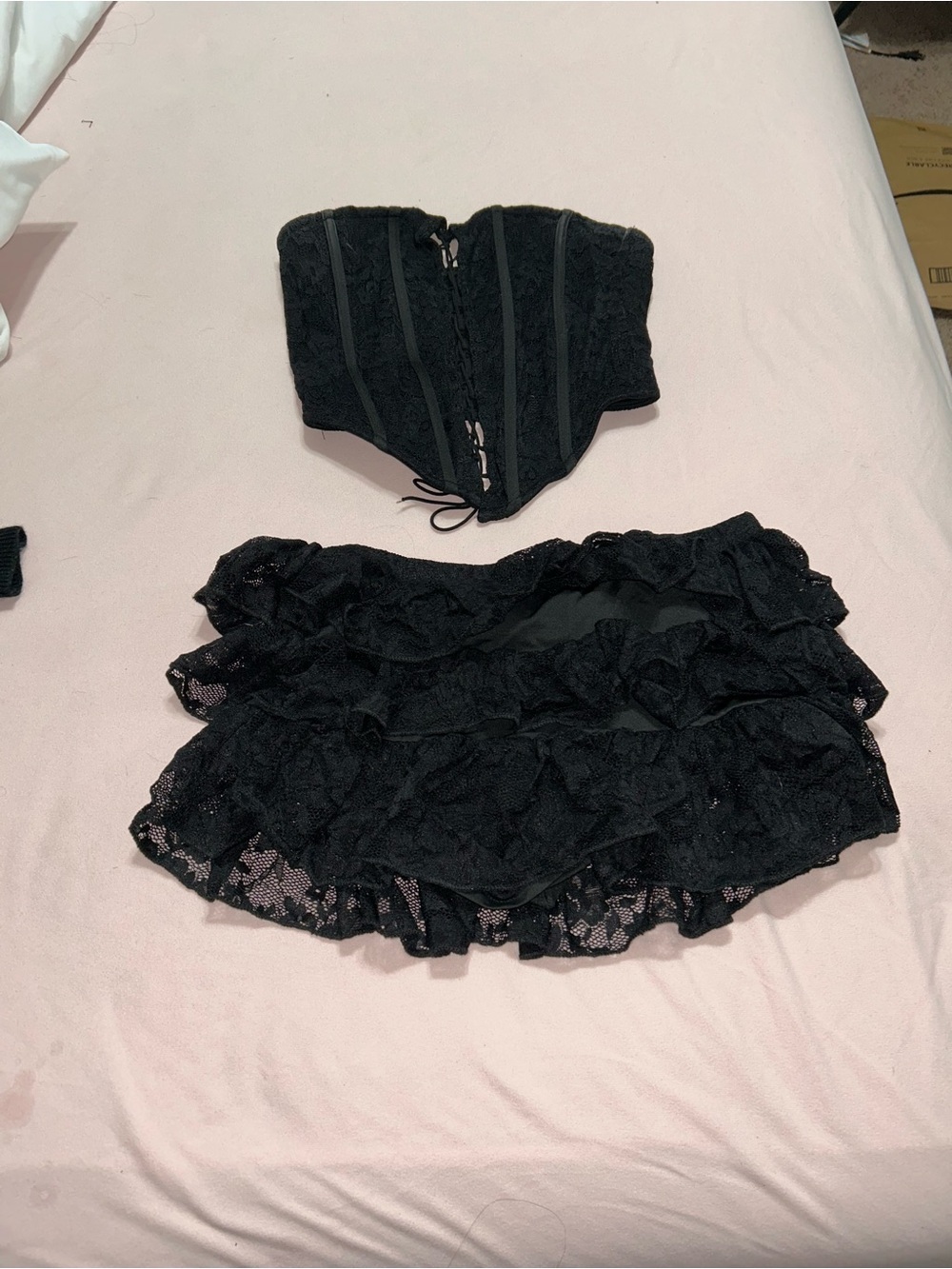 Black Lace Tiered Ruffle Mini Skirt and corset set
